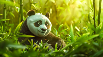 Serene giant panda in lush bamboo forest
