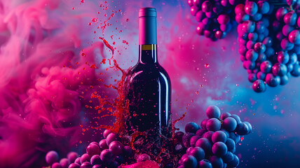 Bottle of wine concept background banner design. Alcohol drink poster. Wine creative horizontal poster wallpaper. Raster bitmap digital illustration. AI artwork.
