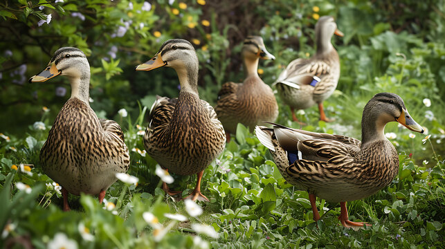 This delightful image showcases a group of four ducks ambling through a lush green garden.