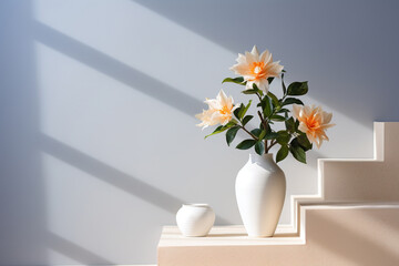 Vase with flowers near the white stairs. Minimalism in the interior. Generated by artificial intelligence