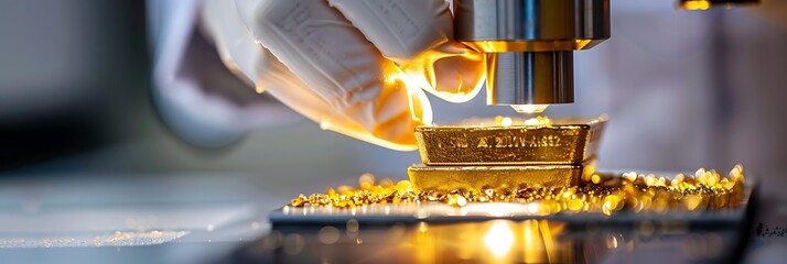 Scientist wearing gloves holds a glowing gold bar with assayer equipment - obrazy, fototapety, plakaty