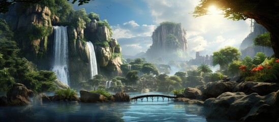 A painting depicting a majestic waterfall cascading down an island, with a bridge crossing over the rushing waters. The scene captures the harmony between the powerful waterfall and the peaceful
