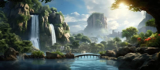 Fotobehang A painting depicting a majestic waterfall cascading down an island, with a bridge crossing over the rushing waters. The scene captures the harmony between the powerful waterfall and the peaceful © pngking
