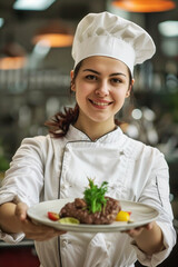 A professional culinary chef presents a garnished delicious meal - 768243261