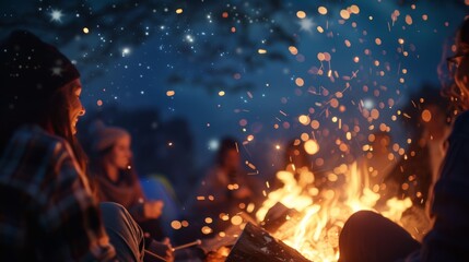 Group of people sitting around campfire at night with sparks flying and starry sky in the background.