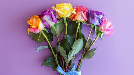 This delightful image showcases a bouquet of vibrant roses tied together with a light blue ribbon