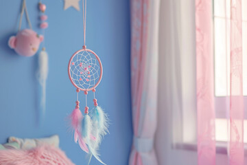 Dreamcatcher with feathers in a kid's room. Generative AI