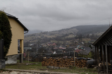 Yasinya, Ukraine. March 17, 2024, early spring, cloudy rainy sky. an incredibly beautiful view of...