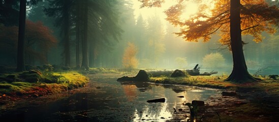 A stream meanders through a dense forest with tall trees, creating a picturesque scene. The forest...