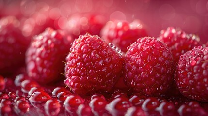 A close-up view of a group of ripe, vivid red raspberries with a deep, textured detail.