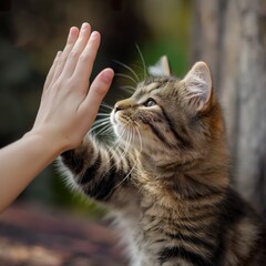 A cat extends its paw towards a persons hand in a high five gesture.
