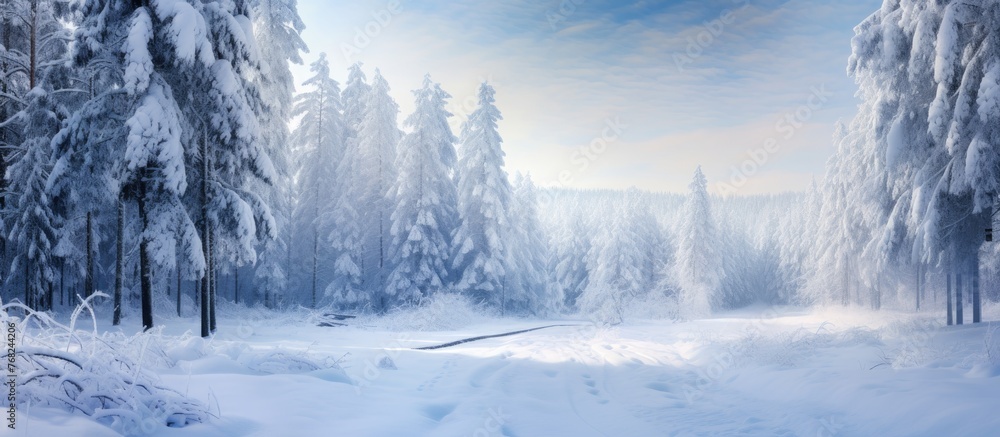 Poster a painting depicting a winter wonderland forest covered in snow. tall trees with snow-laden branches