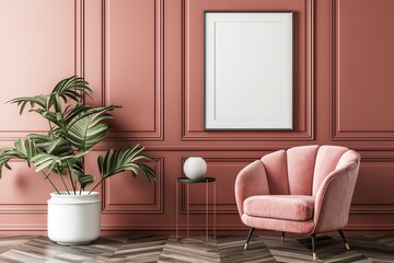 A pink armchair sits in a living room next to a potted plant, against a paneling wall with an empty poster frame.