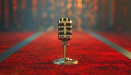 Retro Styled Silver Microphone on Red Carpet with Blurred Background