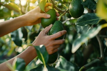 Close up of hands harvesting ripe avocados from a tree in an organic farm.