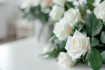 close up photo of a clean white table, roses in a vase far in the background
