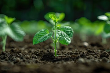 Close up green seedling growing on fertile soil with blurred nature background.