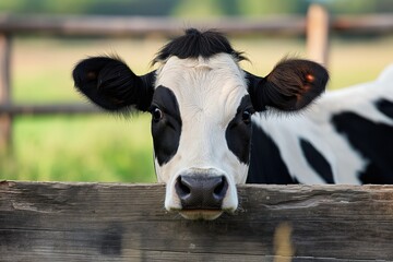 A black and white cow with raw udders sticks its head over a wooden fence, looking curiously. - obrazy, fototapety, plakaty
