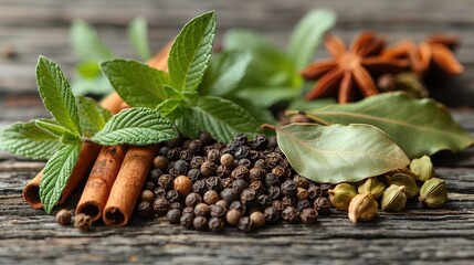 Spices on a wooden background, close-up. Bay leaf, black pepper peas and cardamom. Seasonings and herbs of world cuisines - Powered by Adobe