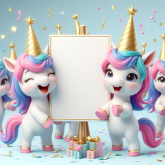 Small cute unicorns holding a blank sign, announcement or invitation concept for children