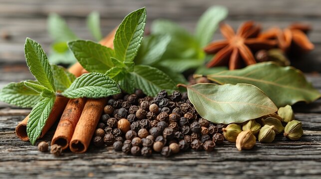 Spices on a wooden background, close-up. Bay leaf, black pepper peas and cardamom. Seasonings and herbs of world cuisines