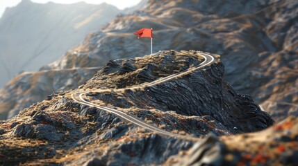 Curvy road leading to a red flag on a mountain peak. Success and destination concept. Design for travel brochure, adventure theme