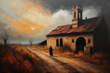 Oil painting style Sunset at the Country Church. 