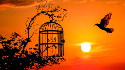 Freedom at sunset: bird escaping cage against vibrant sky