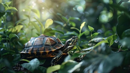Close up of a small turtle animal in the green forest. AI generated image