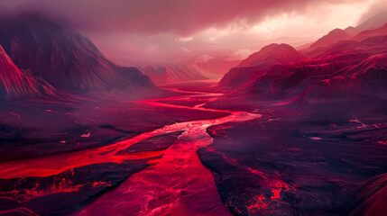 Apocalyptic red landscape with lava river