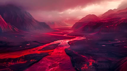 Fotobehang Apocalyptic red landscape with lava river © edojob