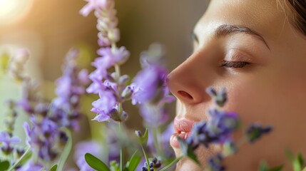 Woman smelling lavender flowers. Close-up nature-inspired beauty shot. Wellness and aromatherapy...