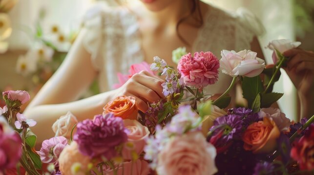 Bride with a bouquet of mixed flowers. Soft-focus background. Romantic wedding concept.