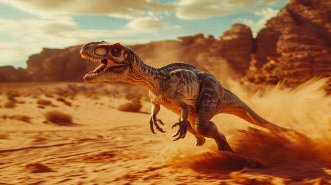 Illustration Dinosaur beasts run in the barren desert. AI generated image