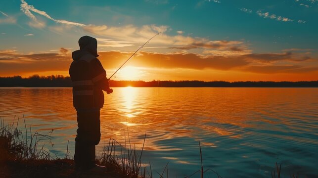 A man fishing by the lake during a beautiful sunset. AI generated image