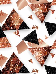 White and black background adorned with shimmering gold glitter triangles creating a geometric pattern