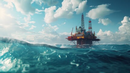 View of an offshore oil drilling rig in the middle of the sea. AI generated image - obrazy, fototapety, plakaty