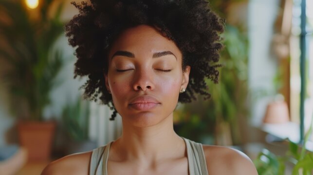 Content African American woman practicing meditation. Close-up portrait with indoor greenery background.