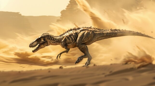 Illustration Dinosaur beasts run in the barren desert. AI generated image