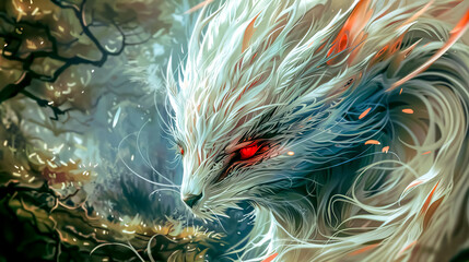 Digital painting of a majestic mythical creature with red eyes in an enchanted forest
