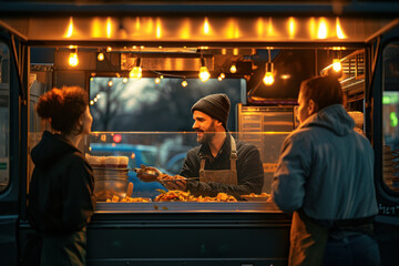 Night time street food scene with a man and customers at food truck at night