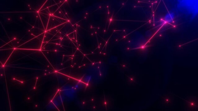 Luxury blue plexus background. Modern technology background of shining flowing lines and dots. Red dust particles in the Universe. Bright star constellations in the space. Technology, science. 4k.