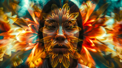 Artistic abstract of a human face seamlessly blended with vibrant floral patterns
