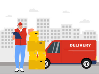 Delivery man deliver package. Worker vector illustration.