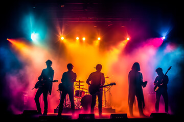 A band of four musicians playing on stage with a purple