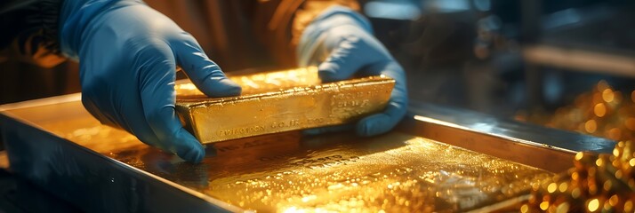 Shiny gold bar held by a hand in blue protective glove on a golden background with reflection - obrazy, fototapety, plakaty