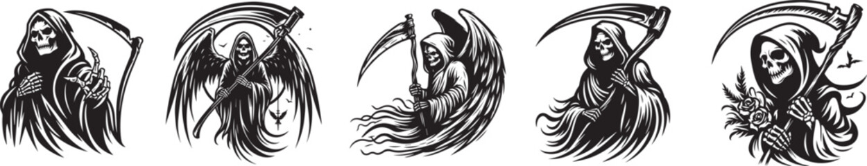 Hand-Drawn Black and White Grim Reaper Series vector graphics - obrazy, fototapety, plakaty