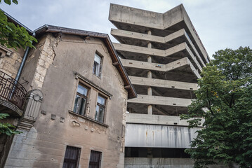 Abandoned Ljubljanska Bank, destroyed during Bosnian War in Mostar city, Bosnia and Herzegovina