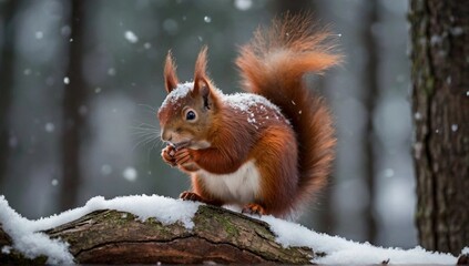 Squirrel on a tree in winter