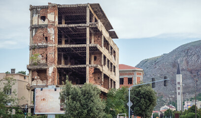 Building destroyed during Bosnian War in Mostar, Bosnia and Herzegovina